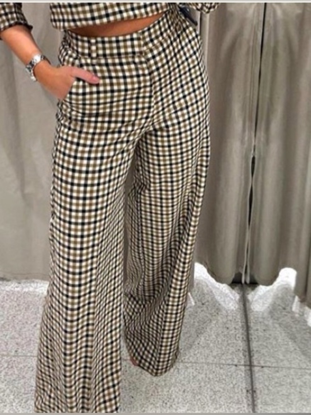 🌼Zara🌼 Tan & Black Checked Wide Leg Trousers, Size M - Picture 8 of 8